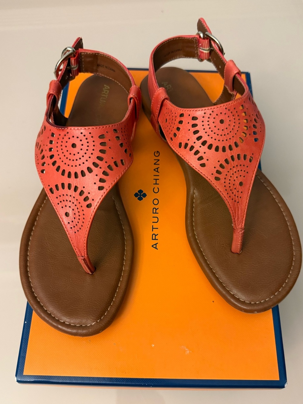 Arturo Chiang Coral Laser-Cut Thong Sandals with Buckle (Size 6.5)